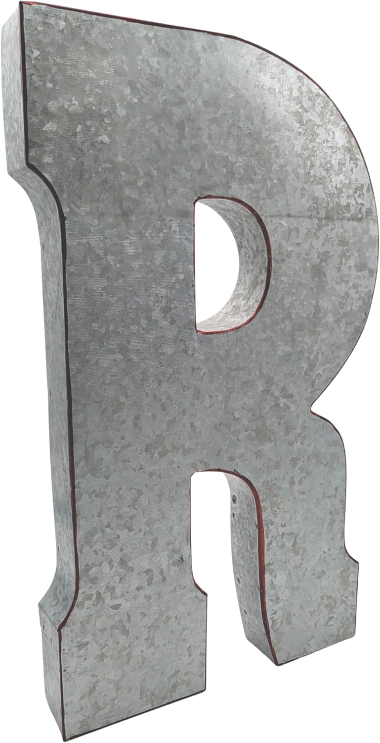 Science Purchase 20" Metal Letter R Wall Decor, Silver with Rusted Edges, Galvanized Wall Mountable Decoration for Country, Mid-Century, or Farmhouse Themed Room or Event - Image 1